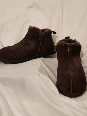 Lands' End Dark Brown Suede Shearling Ankle Boots Slippers